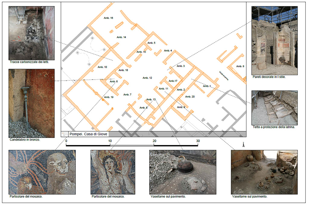 V.2 Pompeii. Casa di Orione or House of Orion. Parco Archeologico di Pompei plan following the new excavations in 2018.
The rooms uncovered in 2018 are numbered A1-A20 based on the plan published by the Parco Archeologico di Pompei. 